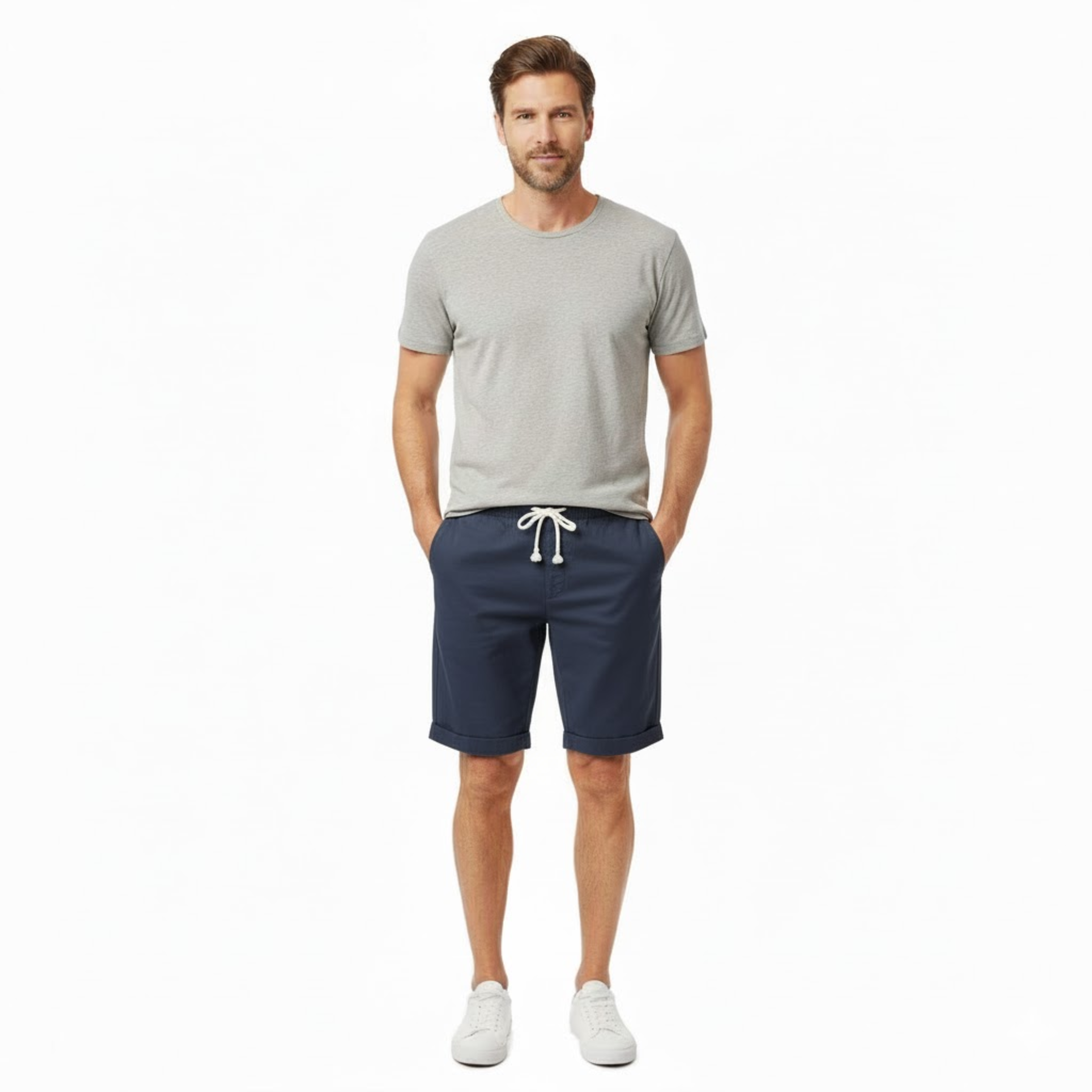Short pour Hommes en 100 % Lin avec Taille Élastique à Cordon et Coupe Droite