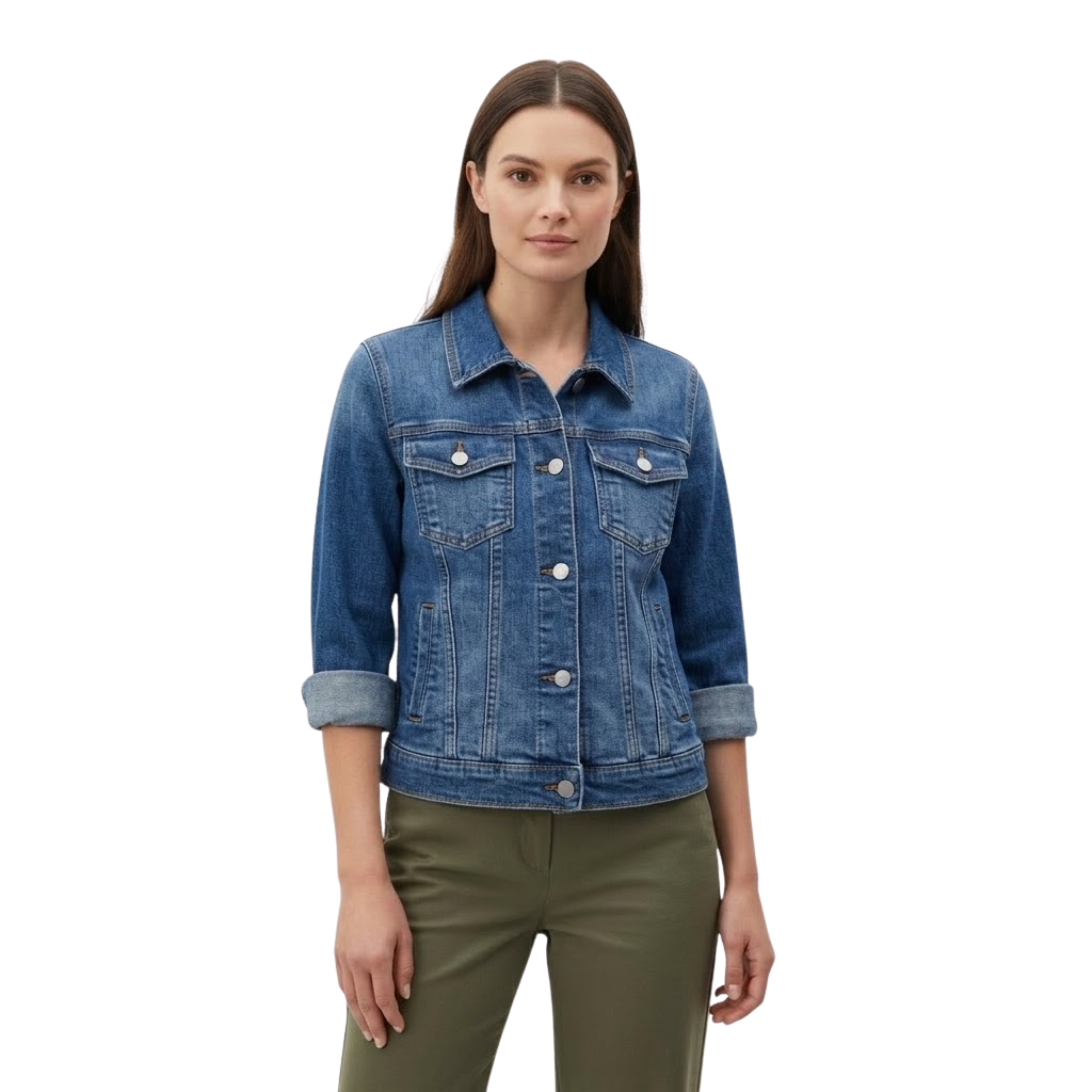 Veste en Jean Courte avec Boutons et Poches de Poitrine pour Femme