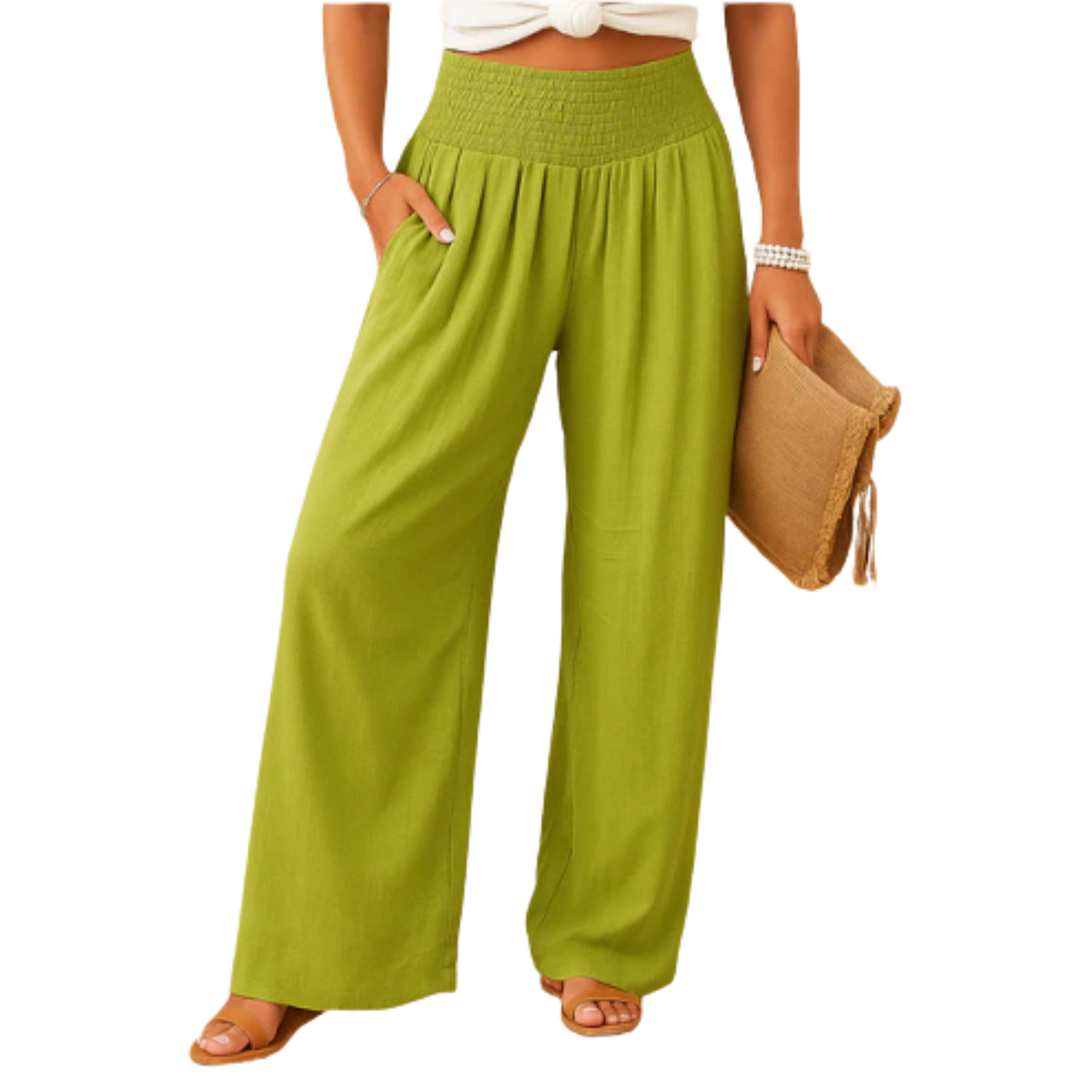Pantalon femme mélange lin et coton — taille élastique coupe droite | quotidien