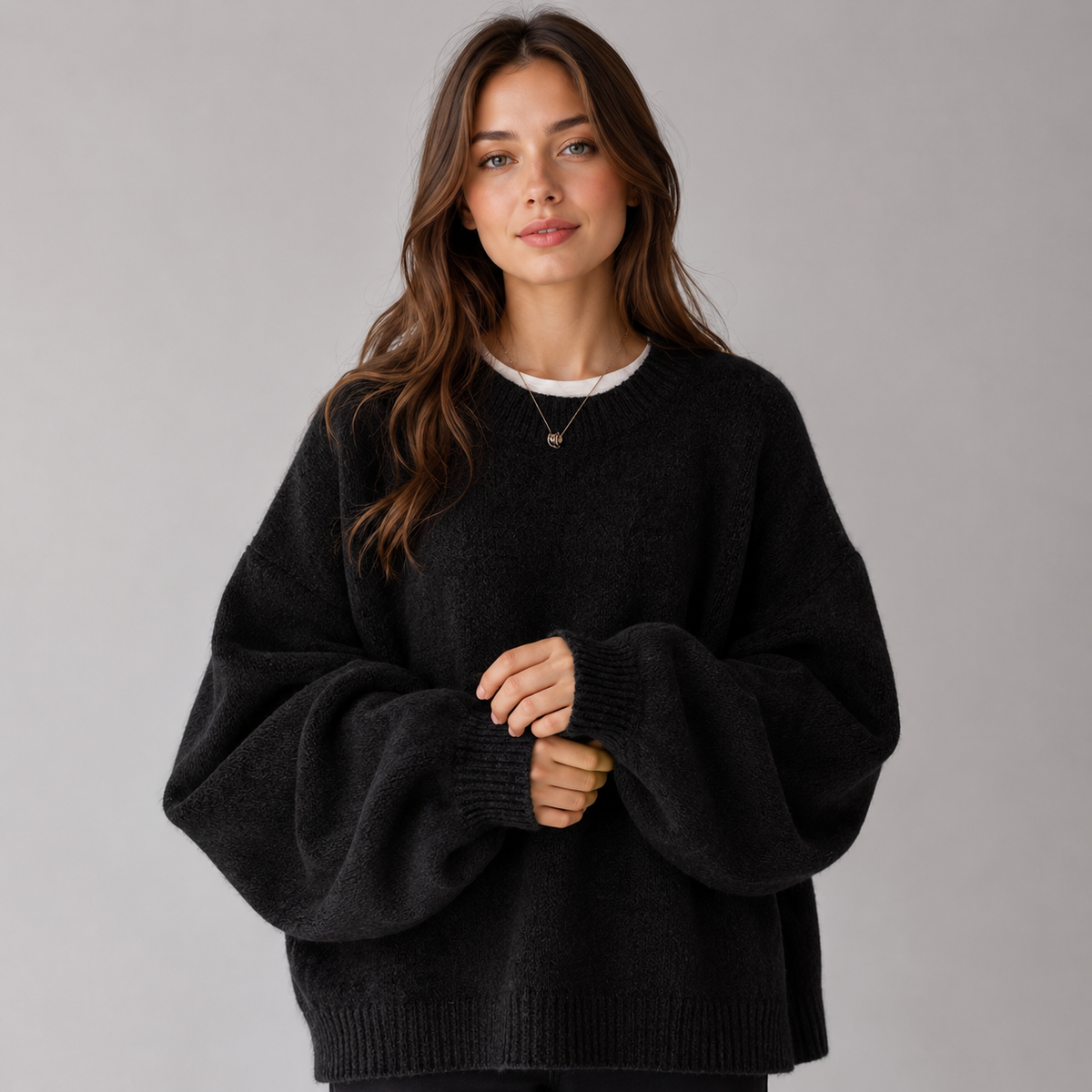 Women's Knit Sweater - Crew Neck, Dropped Shoulders, and Side Slits, Relaxed Fit