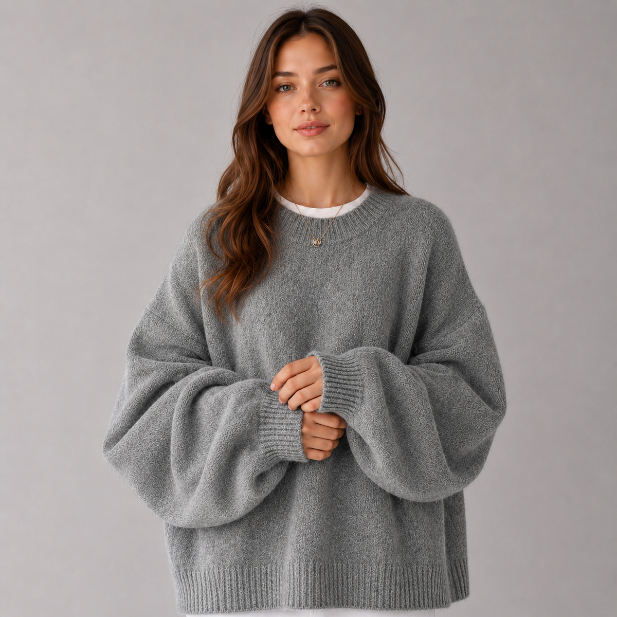 Women's Knit Sweater - Crew Neck, Dropped Shoulders, and Side Slits, Relaxed Fit