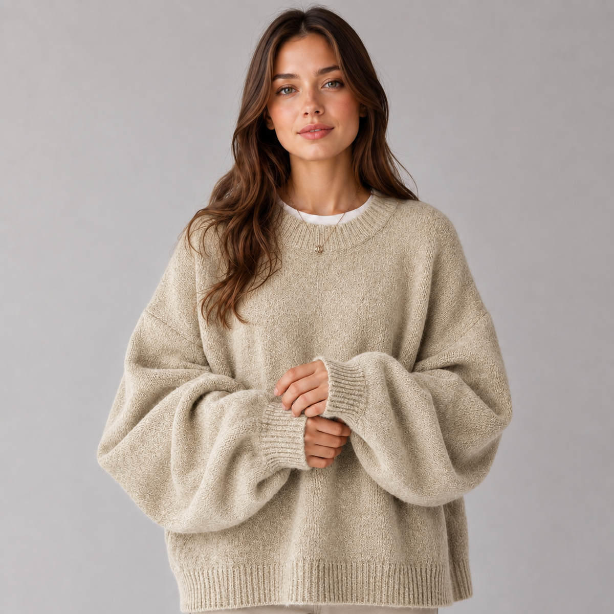 Women's Knit Sweater - Crew Neck, Dropped Shoulders, and Side Slits, Relaxed Fit