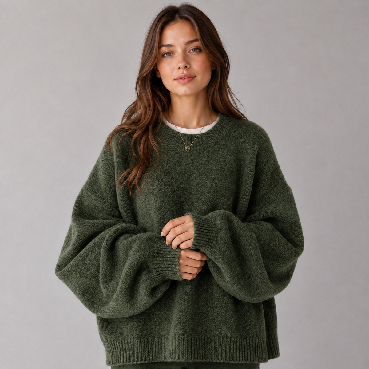 Women's Knit Sweater - Crew Neck, Dropped Shoulders, and Side Slits, Relaxed Fit
