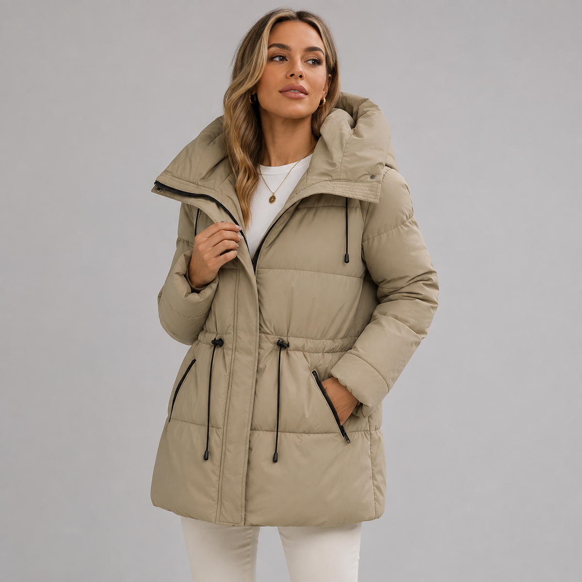Dámská parka - kapuce a zip, rovný nadčasový střih do půlky stehen