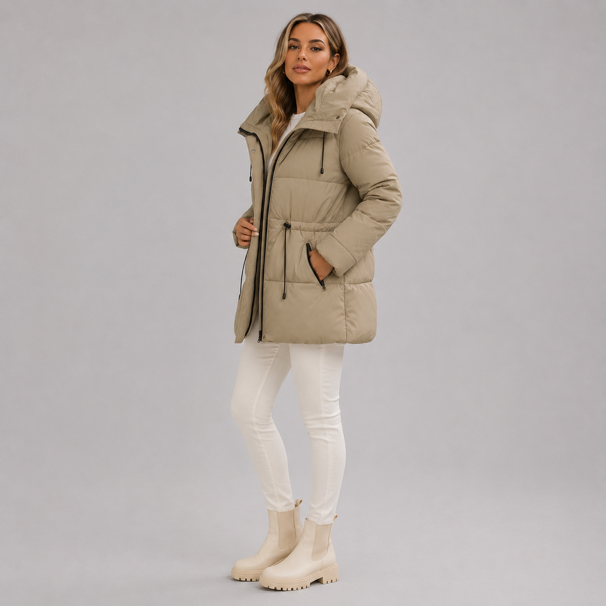 Dámská parka - kapuce a zip, rovný nadčasový střih do půlky stehen