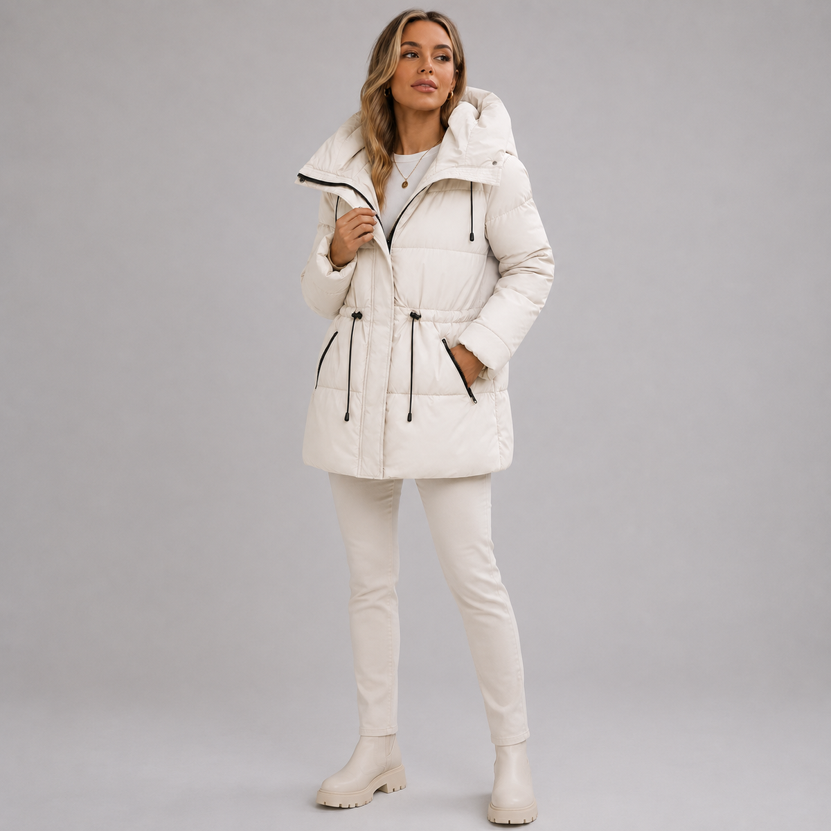 Dámská parka - kapuce a zip, rovný nadčasový střih do půlky stehen