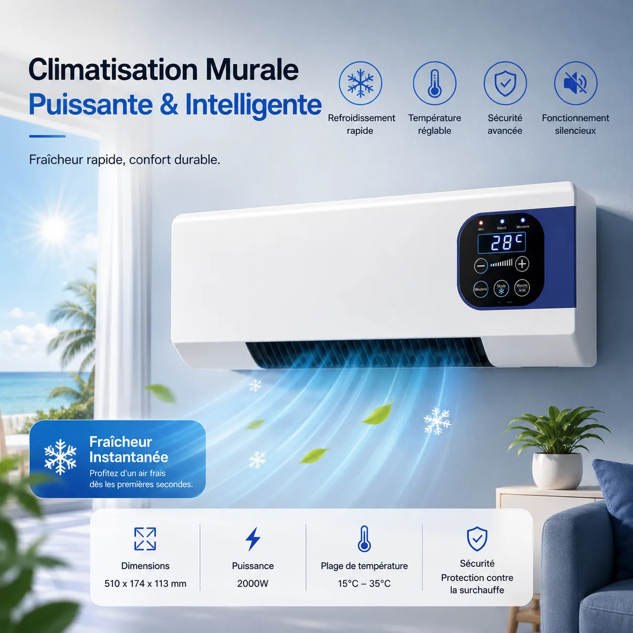 Appareil Mural Chauffage et Ventilation 2000 W avec Télécommande et 3 Vitesses