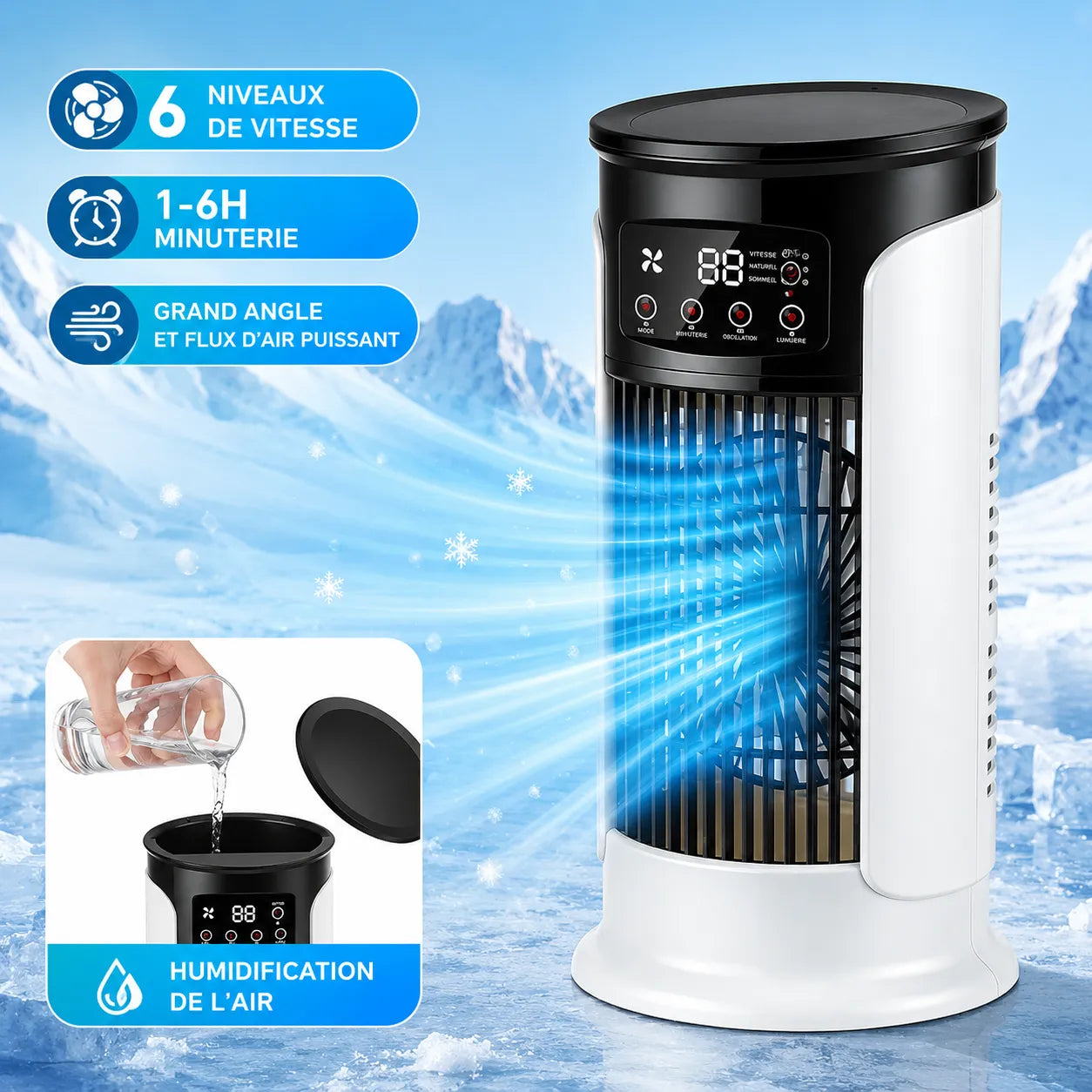 3-in-1 Portable Air Conditioner with Misting, 7-Color LED, and 6 Speeds