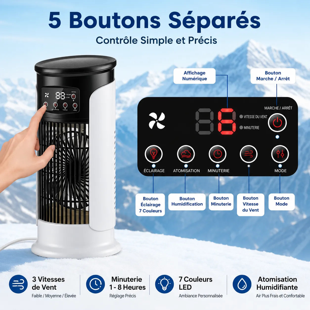 Mini Climatiseur Portable avec Brumisation, Éclairage LED et 6 Vitesses
