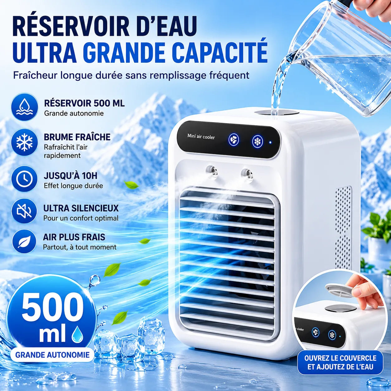 Portable USB Rechargeable Mini Air Conditioner with Misting, 500 ml Tank, and Dual Spray