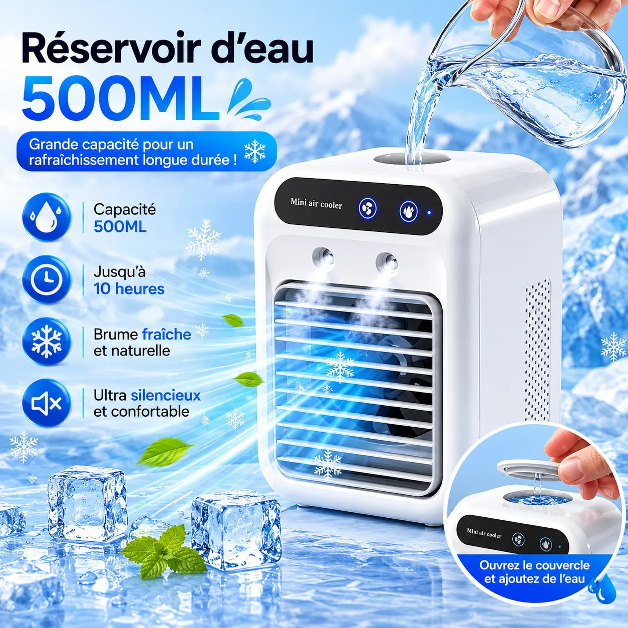 Přenosná USB dobíjecí mini klimatizace s mlžením, nádržkou 500 ml a dvojitým rozprašovačem