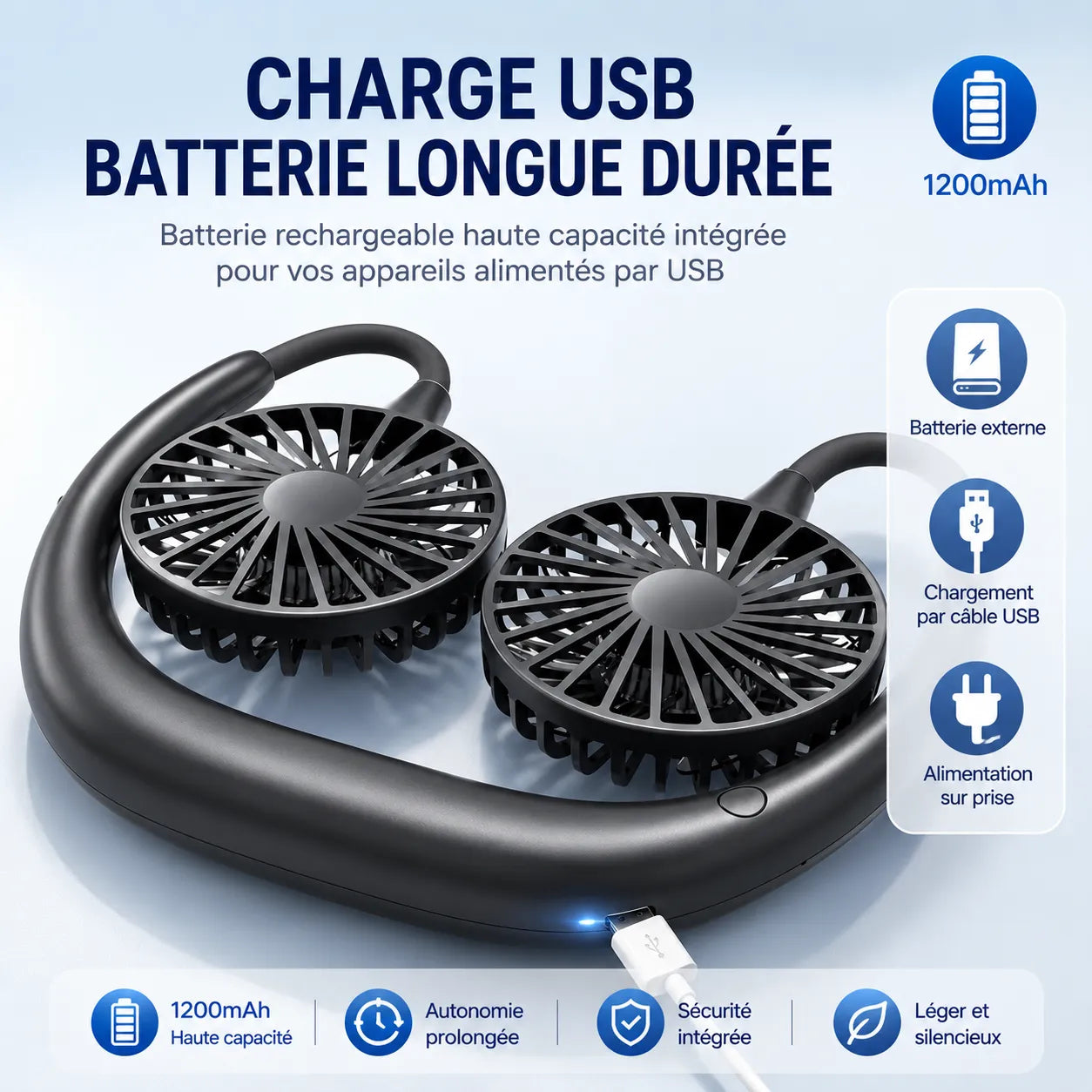 USB Rechargeable Personal Neck Fan with Dual Rotating Heads and 3 Speeds