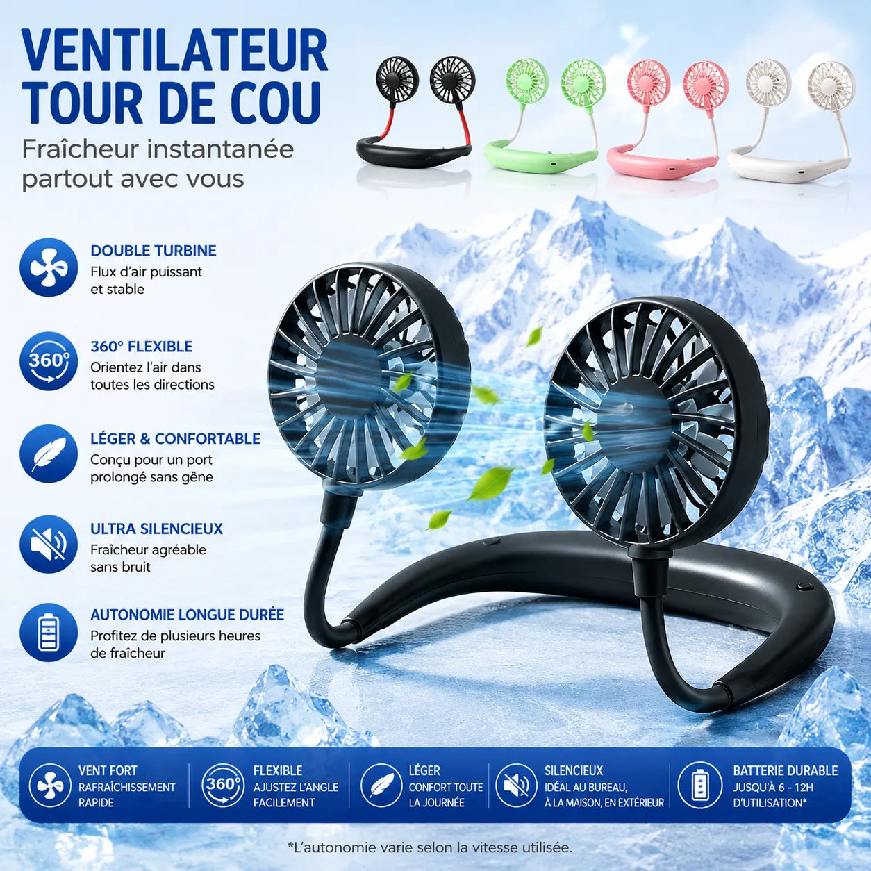 USB Rechargeable Personal Neck Fan with Dual Rotating Heads and 3 Speeds