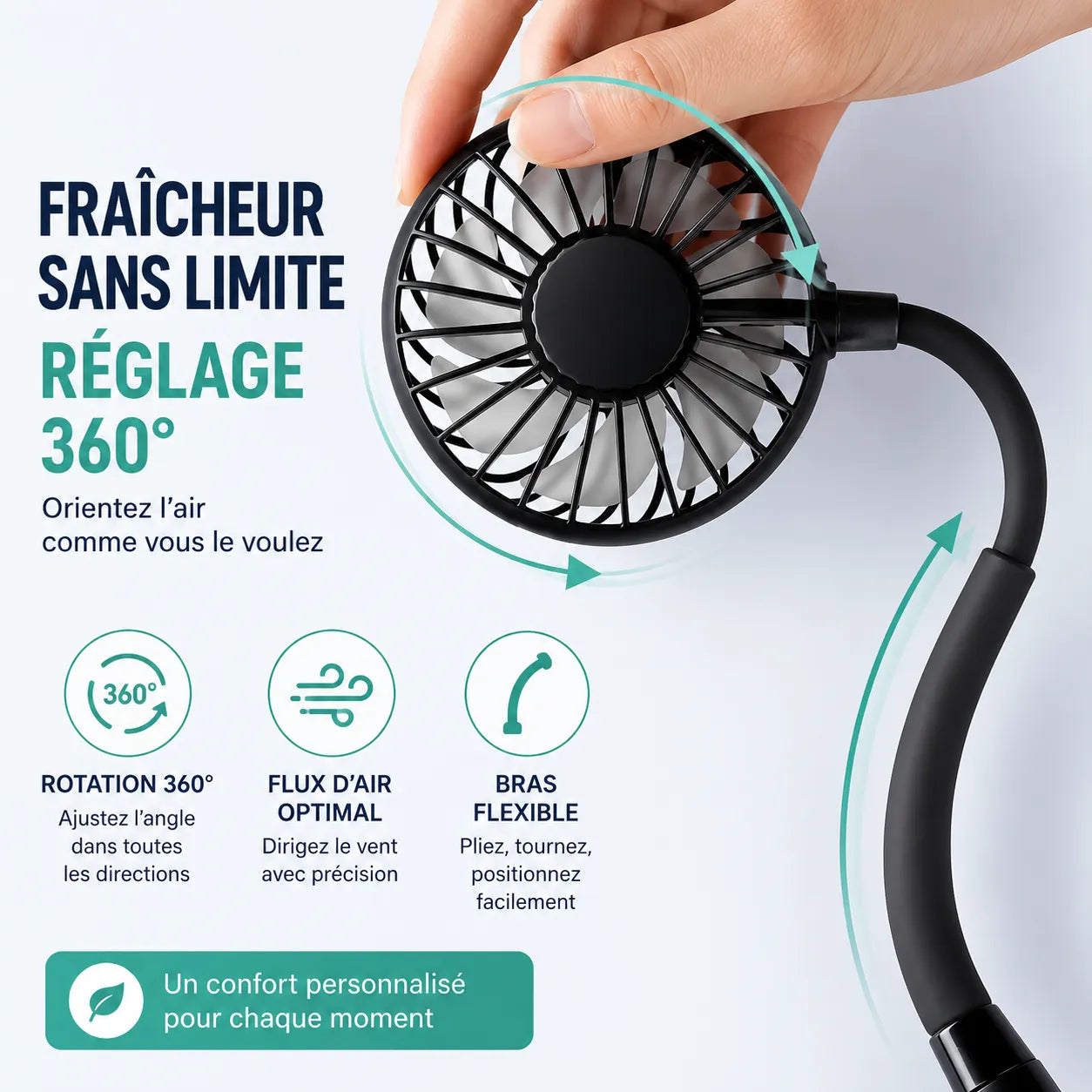 USB Rechargeable Personal Neck Fan with Dual Rotating Heads and 3 Speeds