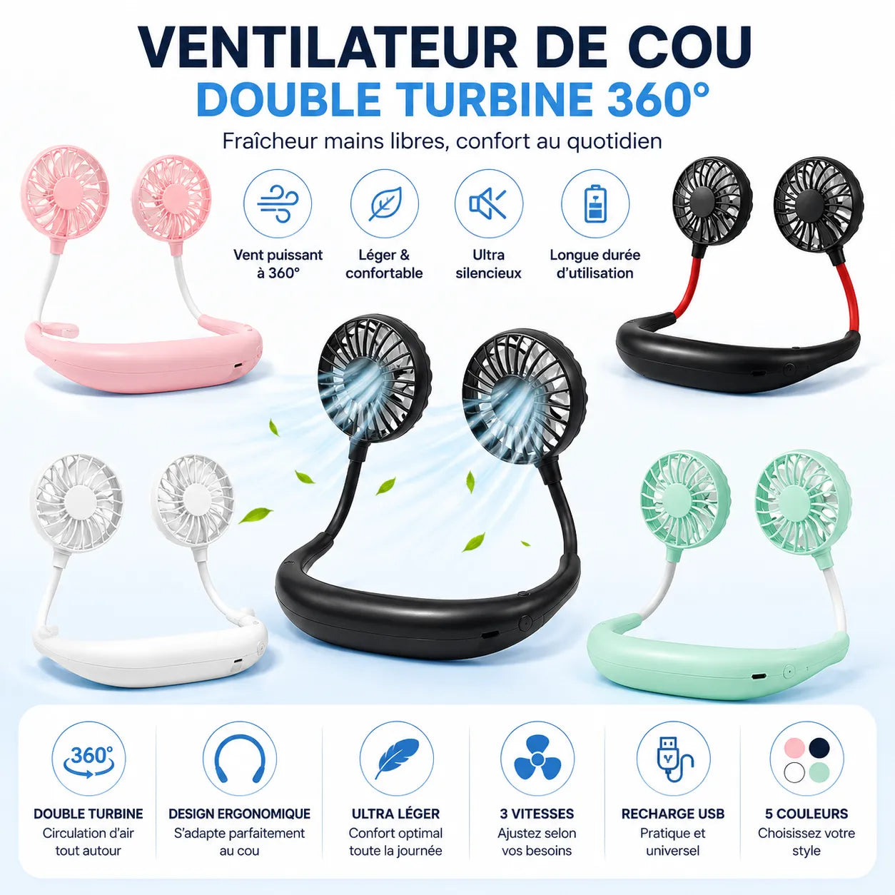 USB Rechargeable Personal Neck Fan with Dual Rotating Heads and 3 Speeds