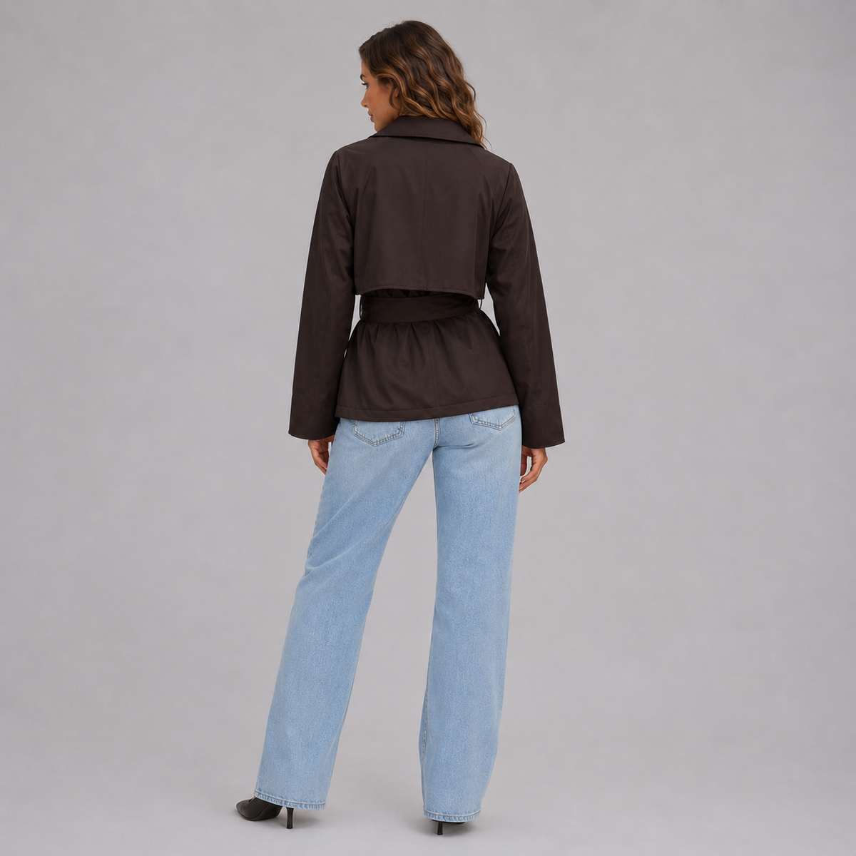 Women's Short Trench Coat - Tie Belt and Double-Breasted Closure, Classic Elegant Style