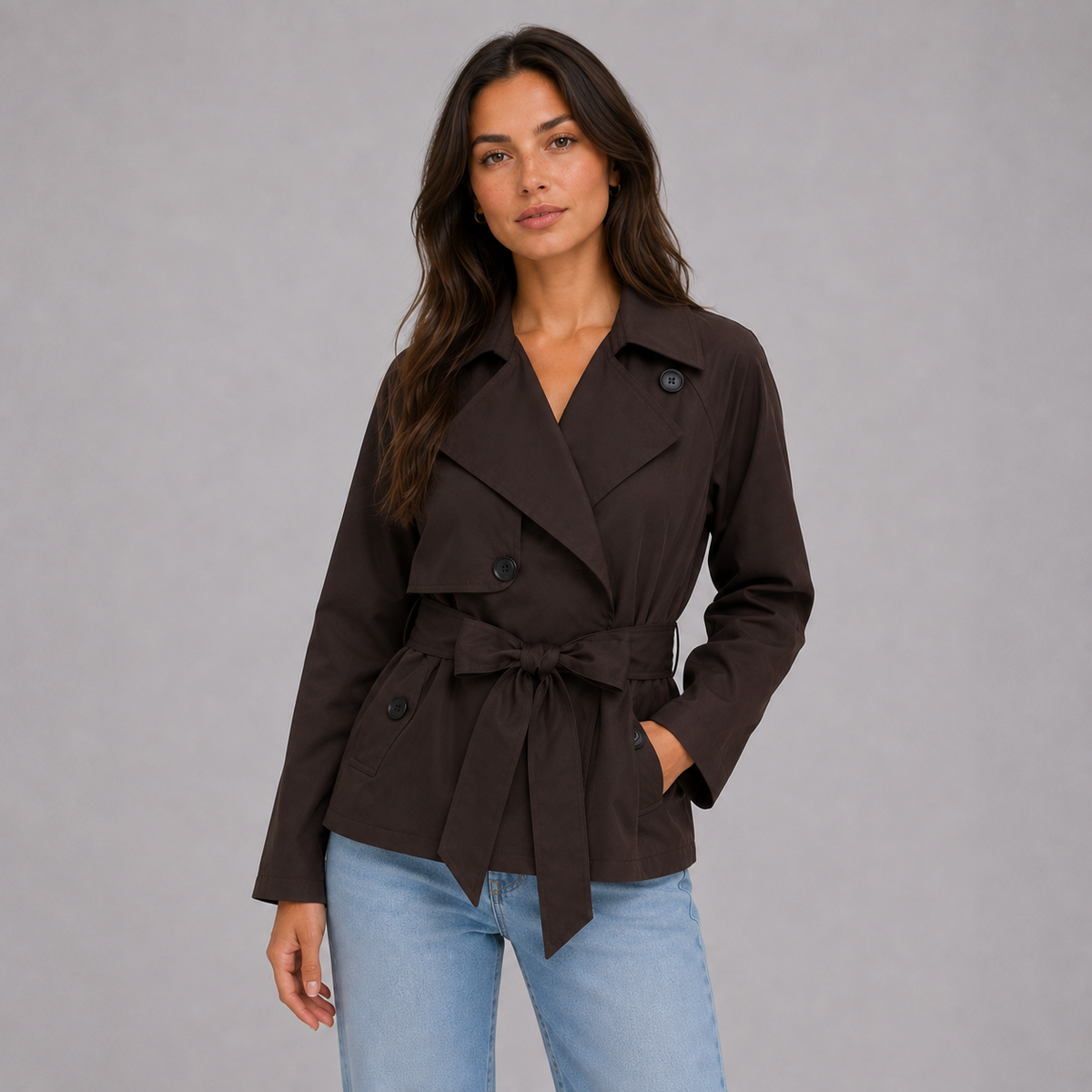 Women's Short Trench Coat - Tie Belt and Double-Breasted Closure, Classic Elegant Style