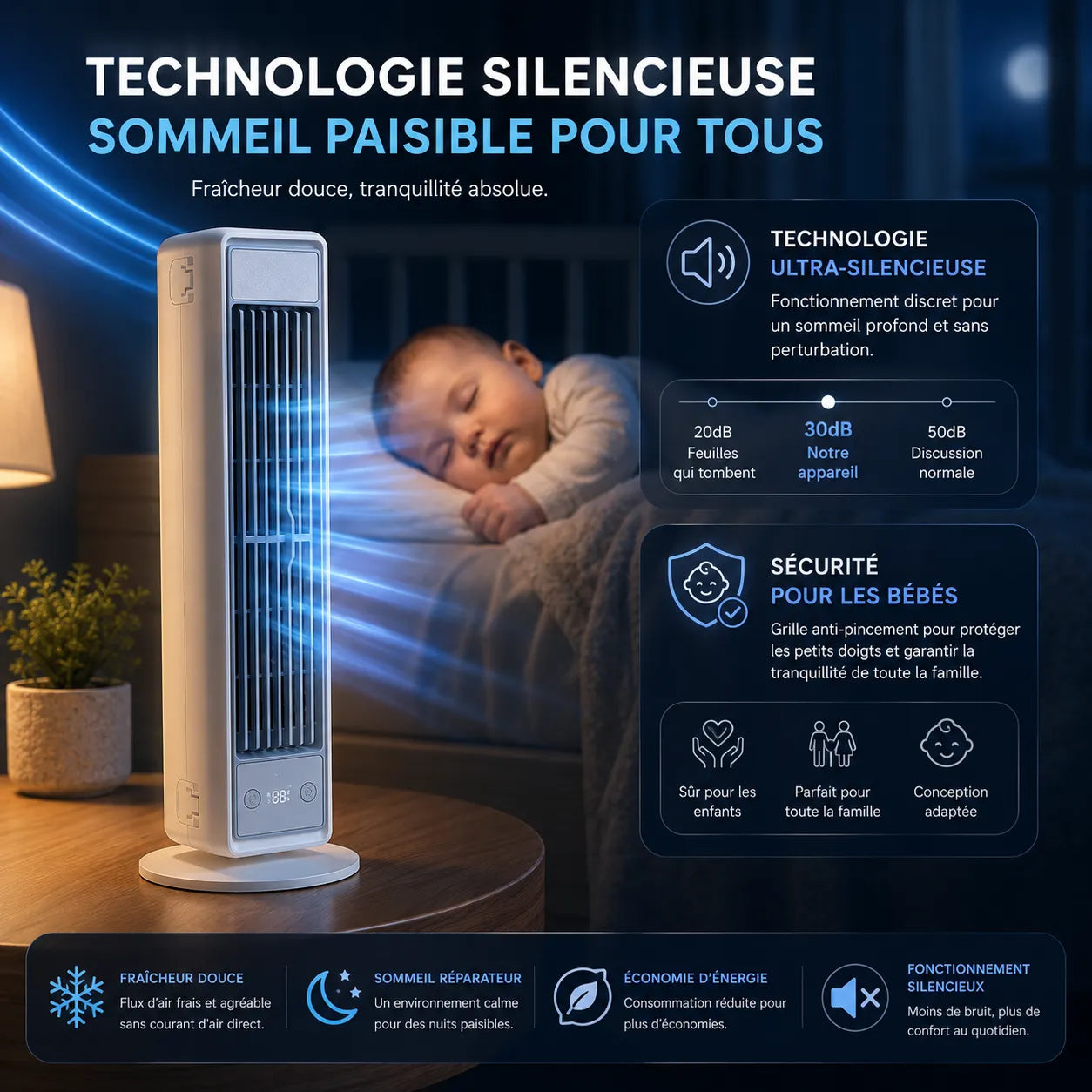 Ventilateur Tour Sans Lames Silencieux à Diffusion d’Air Multidirectionnelle