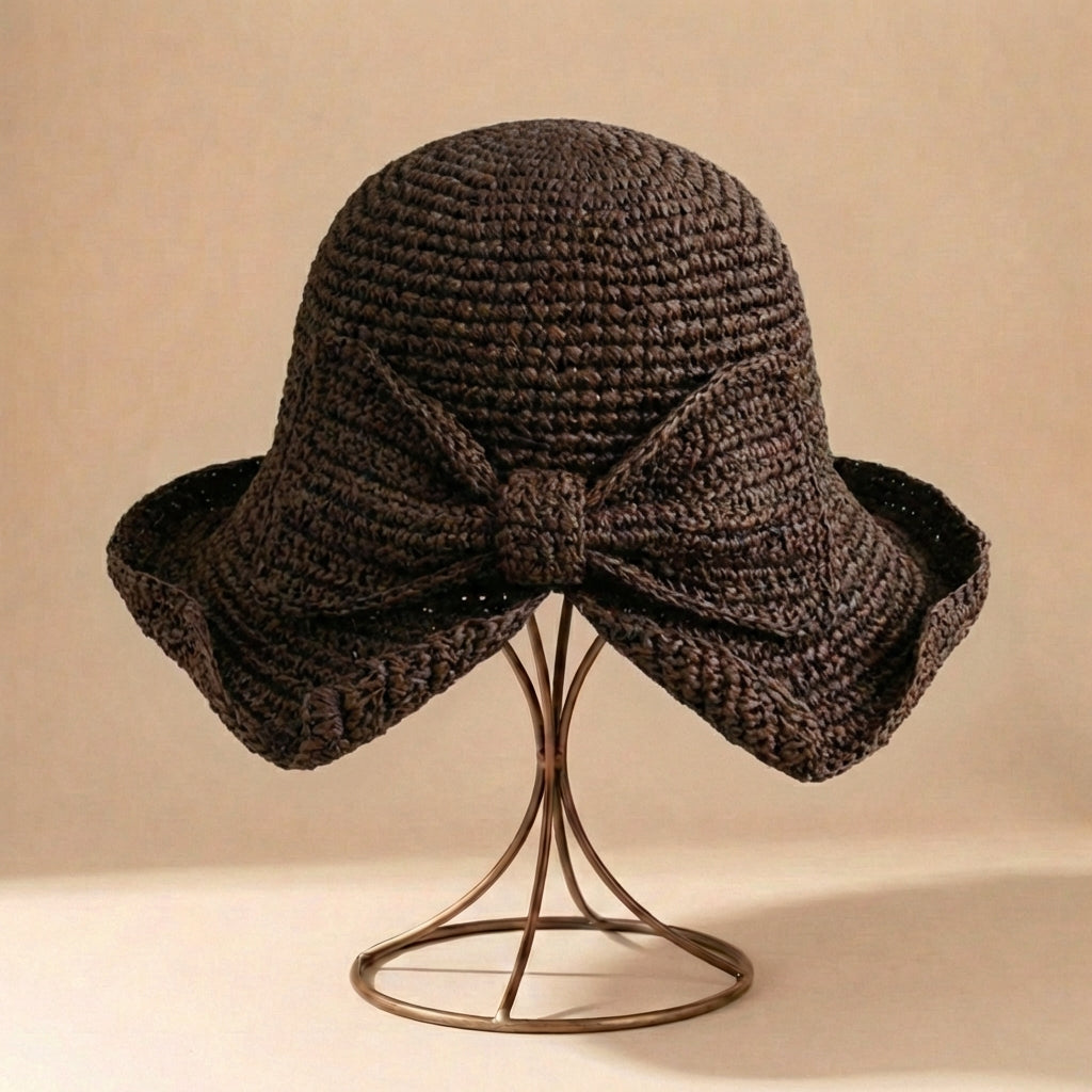 Chapeau de paille à grand bord femme - ruban avec nœud - accessoire voyage soleil