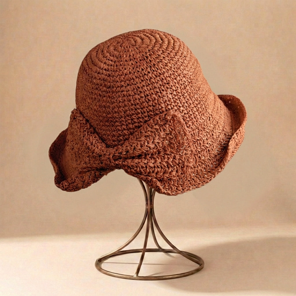 Chapeau de paille à grand bord femme - ruban avec nœud - accessoire voyage soleil