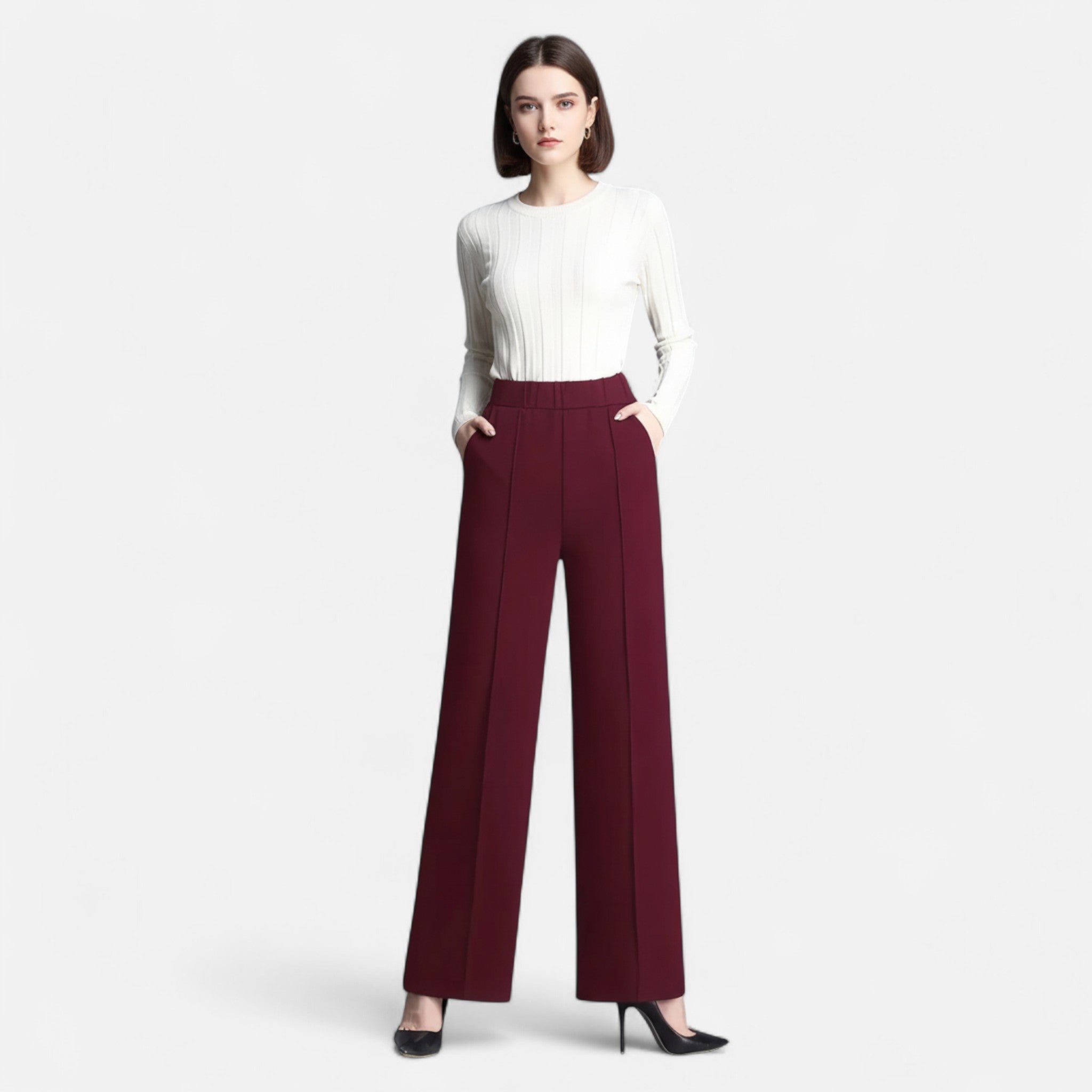 Pantalon Femme – Taille Haute Jambe Large Ourlet Revers Coupe Fluide
