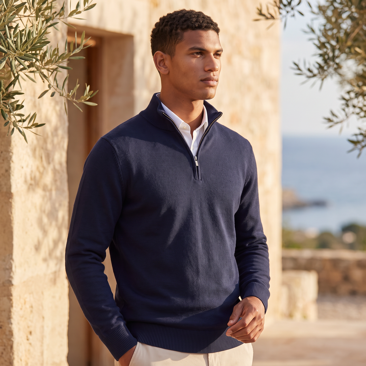 Herrenpullover - Stehkragen mit halbem Reißverschluss und reguläre Passform, lässig-eleganter Stil