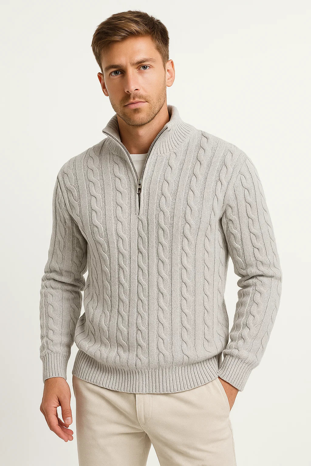 Men’s Pullover – Cable-Knit Pattern, Zip Neck, Timeless Classic Fit