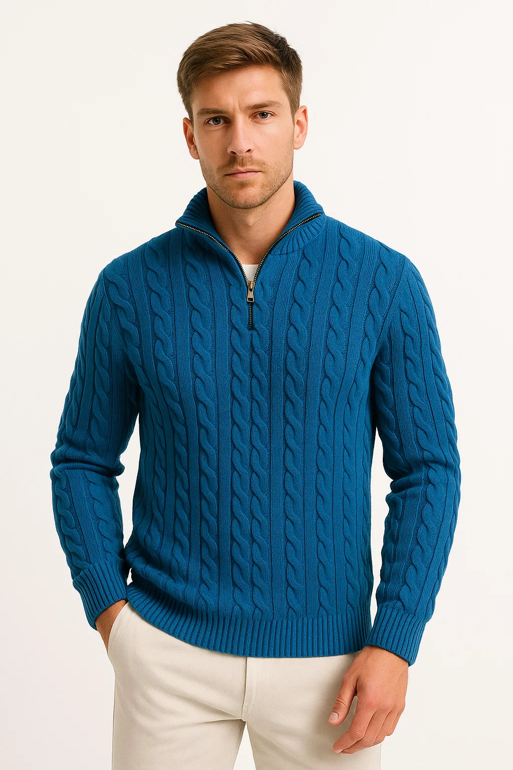 Men’s Pullover – Cable-Knit Pattern, Zip Neck, Timeless Classic Fit