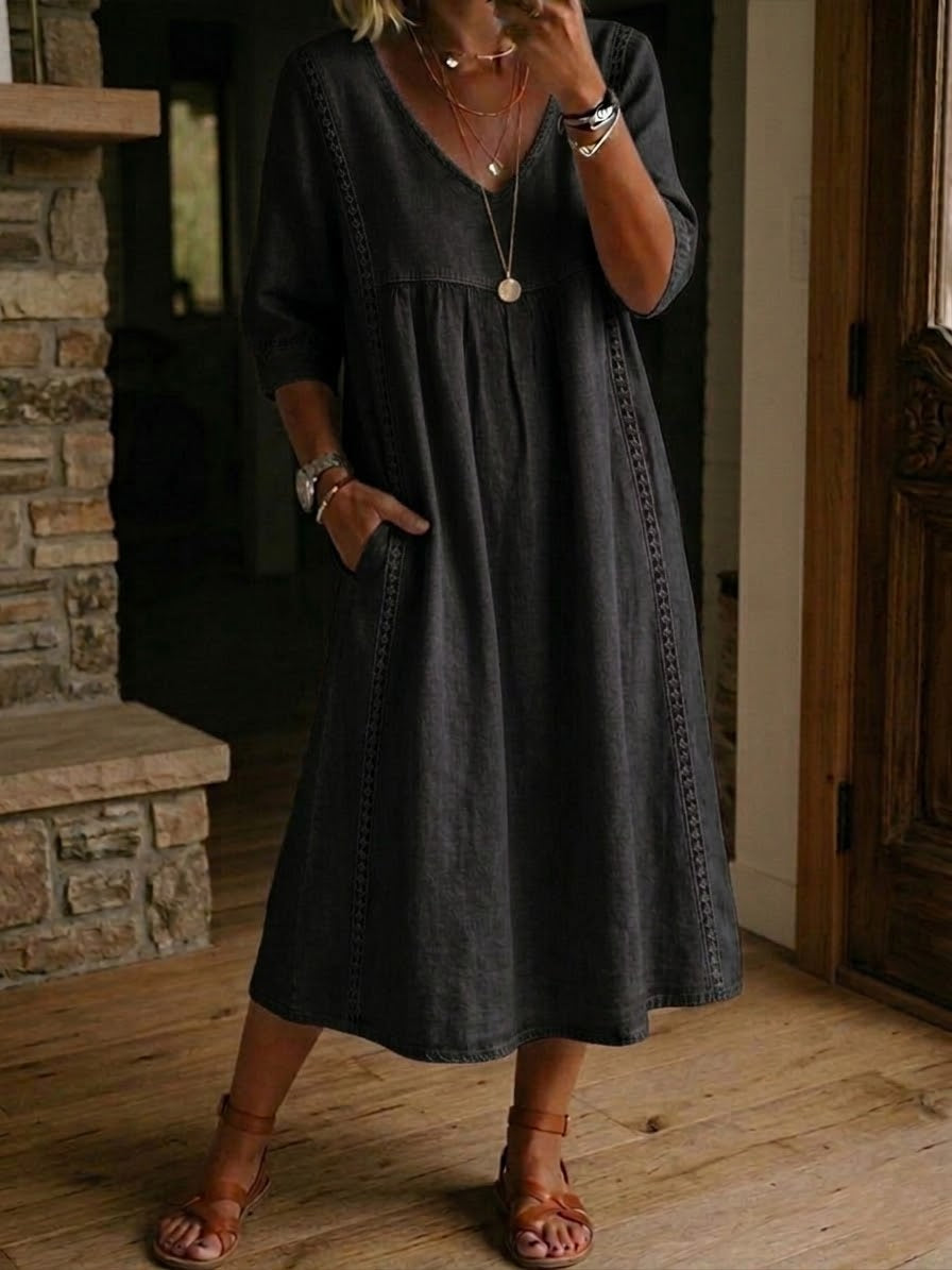 Robe mi-longue femme col V coupe ample quotidienne