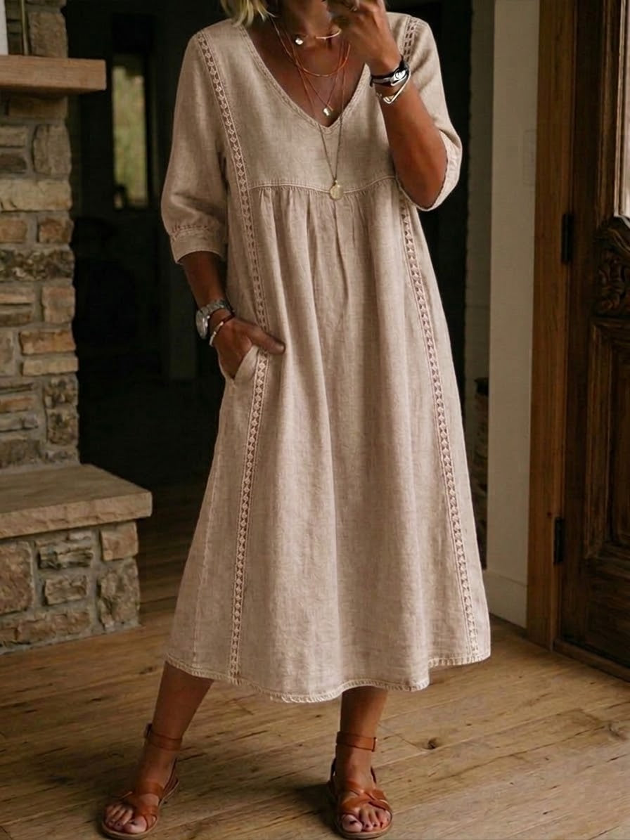 Robe mi-longue femme col V coupe ample quotidienne
