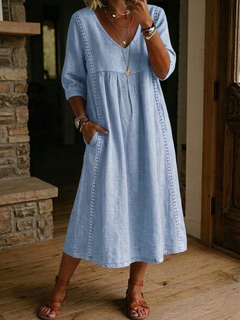 Robe mi-longue femme col V coupe ample quotidienne