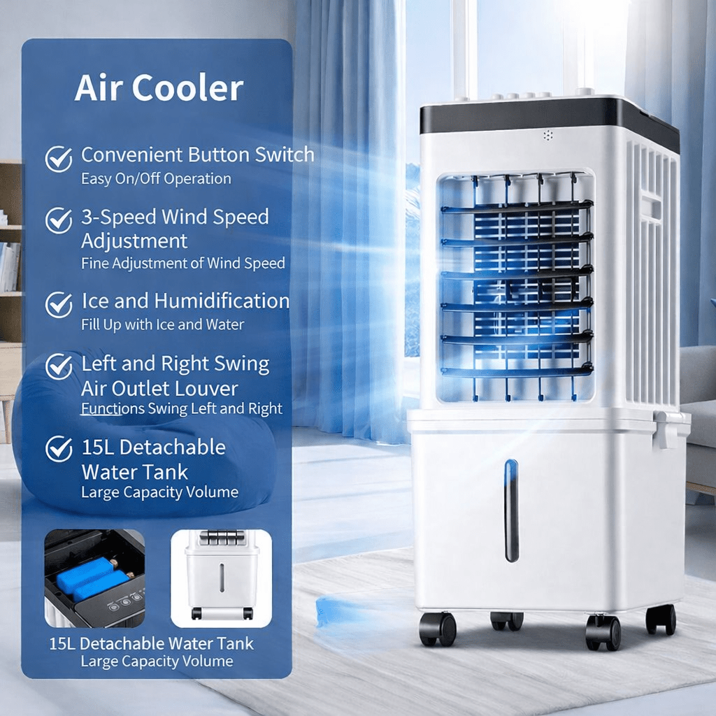 3-in-1 Quiet Portable Air Cooler with Remote Control, Humidifier, and Wheels