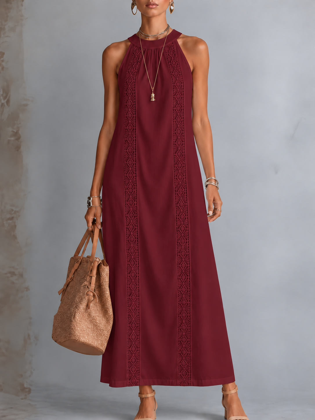 Robe mi-longue pour femme - style brodé coupe ample pour été