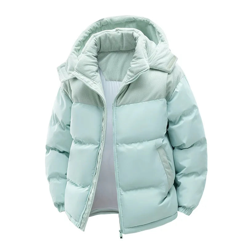 Herren-Polyester-Steppjacke – Kapuze aus Cord und Reißverschluss
