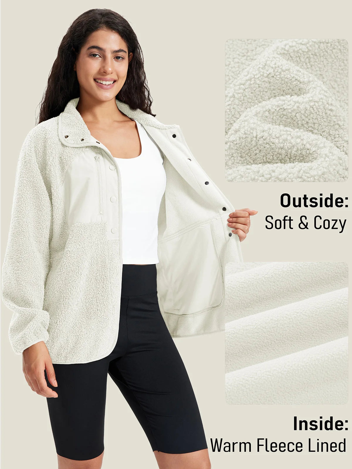 Women's Sherpa Fleece Jacket - Fold-Down Collar and Buttoned Side Pockets