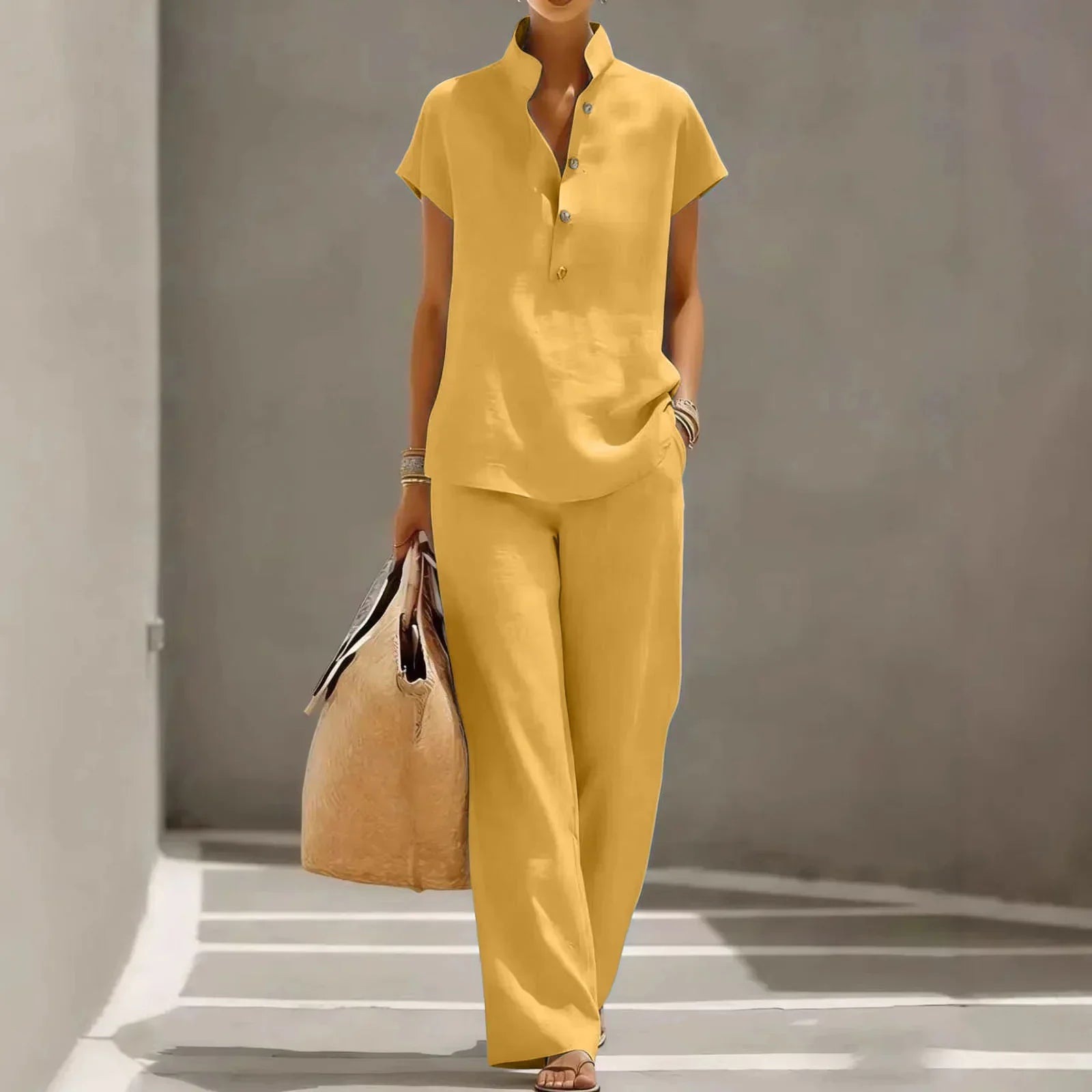 Ensemble deux pièces pour femme - mélange de lin - pantalon fluide voyage