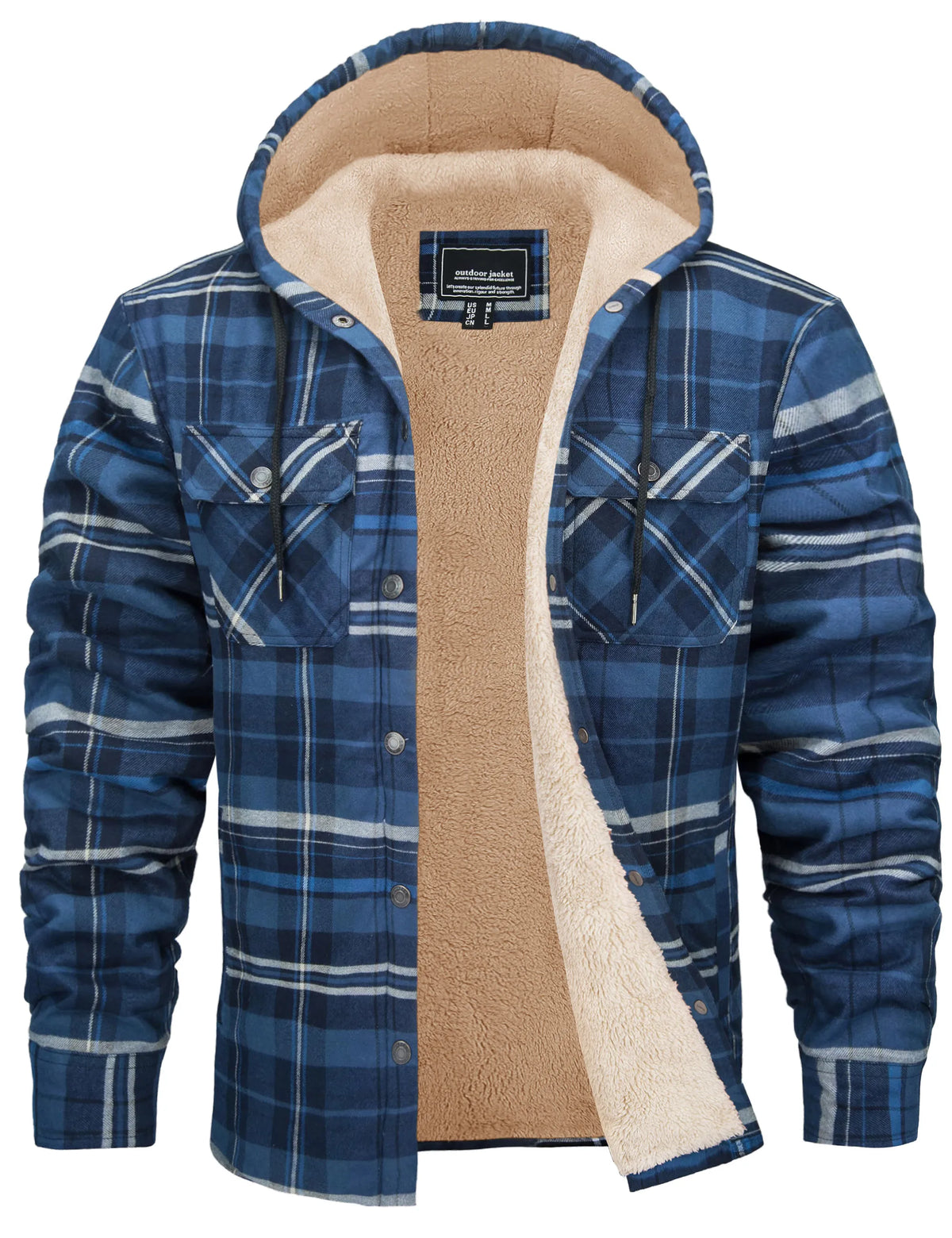 Chaqueta de franela de algodón para hombre - capucha forrada de sherpa y cuadros
