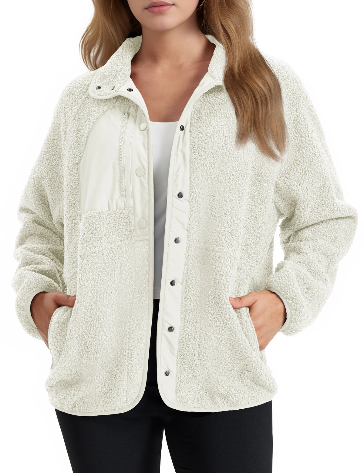 Women's Sherpa Fleece Jacket - Fold-Down Collar and Buttoned Side Pockets