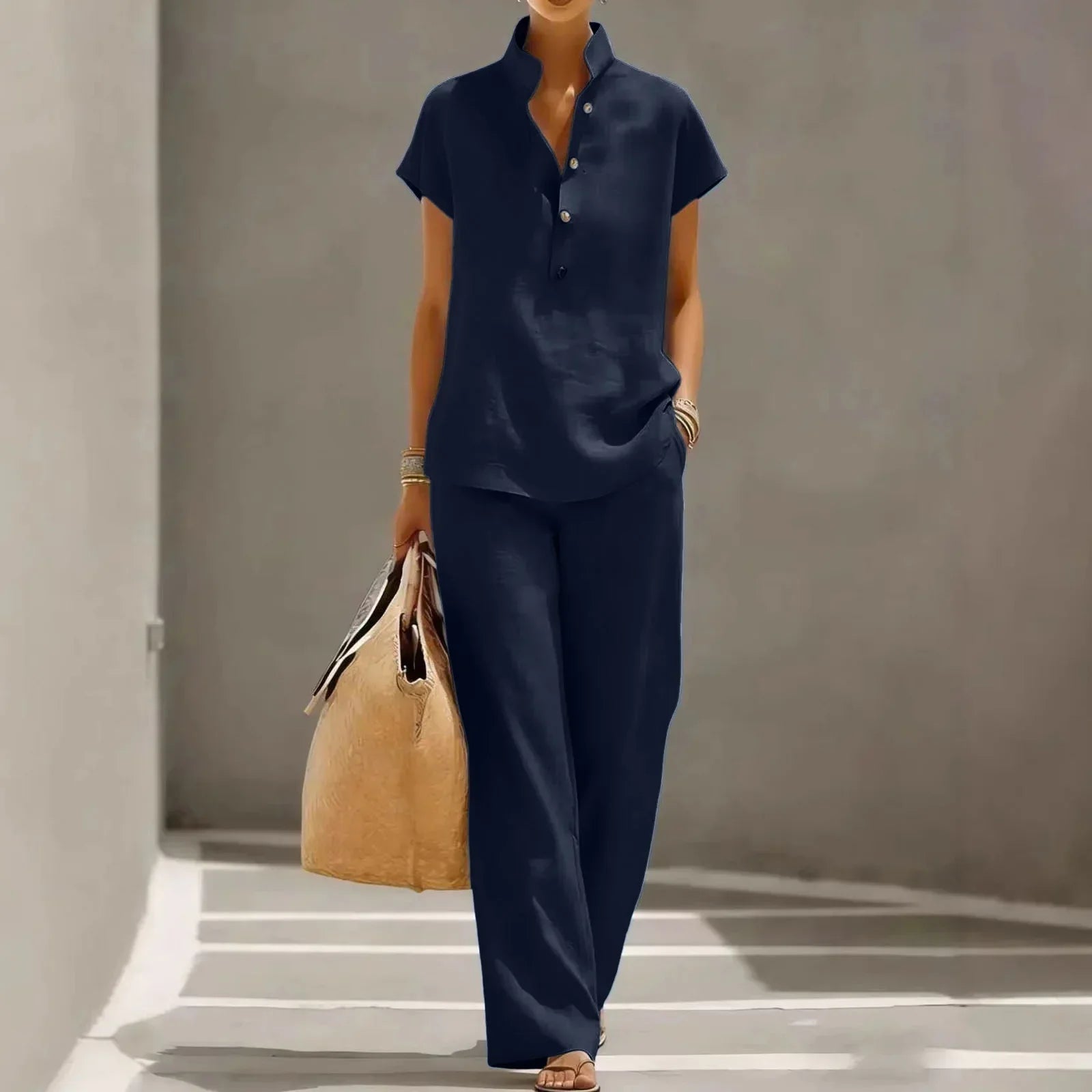 Ensemble deux pièces pour femme - mélange de lin - pantalon fluide voyage