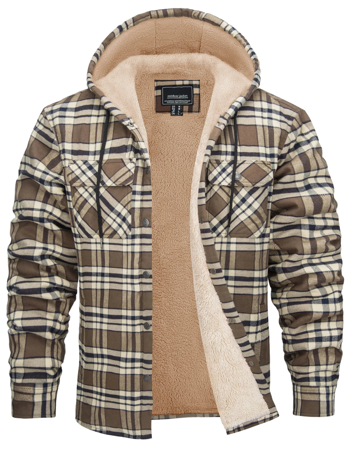 Chaqueta de franela de algodón para hombre - capucha forrada de sherpa y cuadros