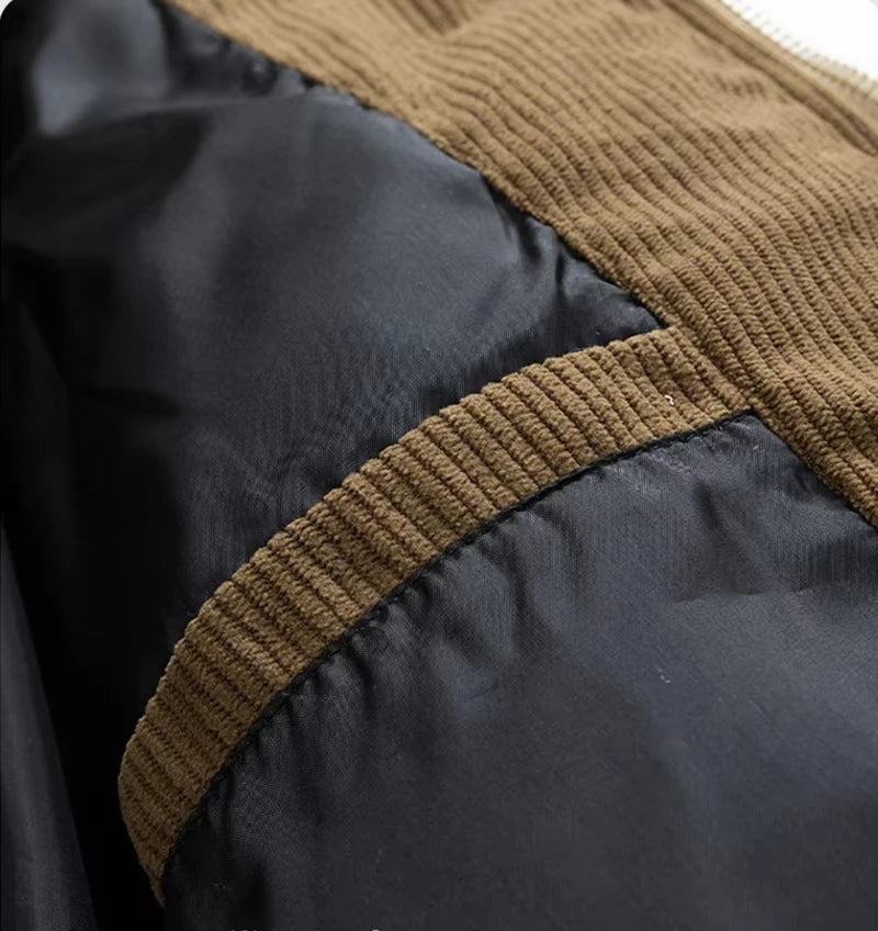 Herren-Polyester-Steppjacke – Kapuze aus Cord und Reißverschluss