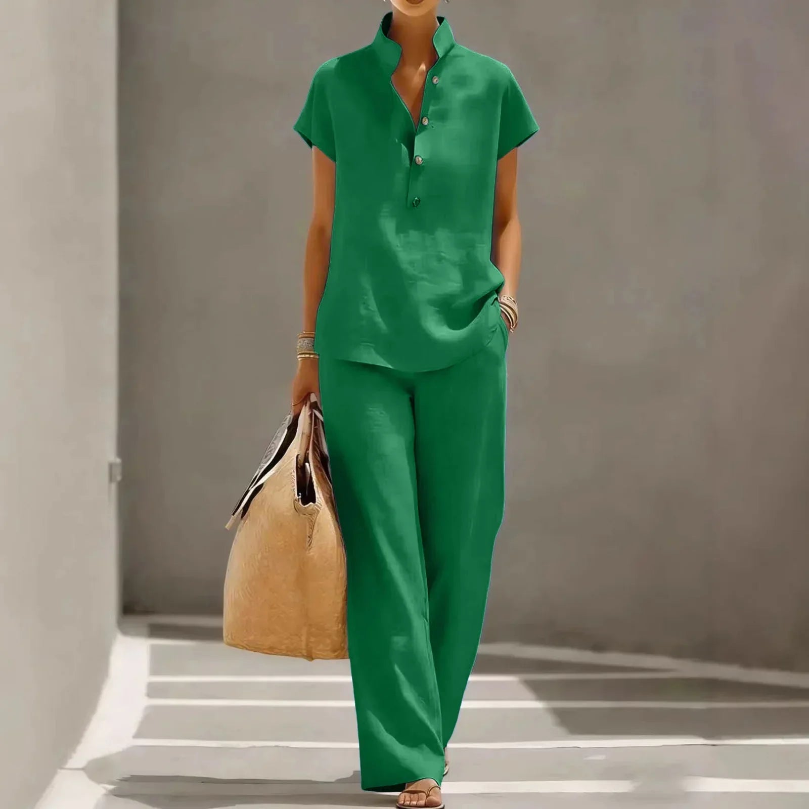 Ensemble deux pièces pour femme - mélange de lin - pantalon fluide voyage