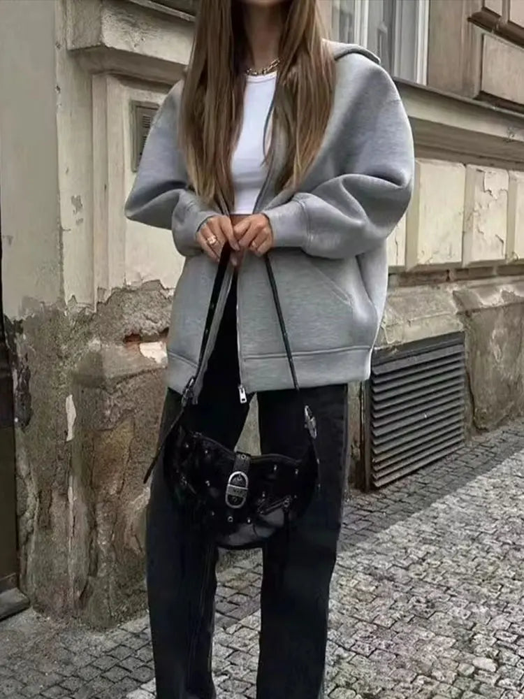 Damen-Polyester-Sweatshirt mit Reißverschluss – Doppelte Taschen und lässiger Oversize-Schnitt