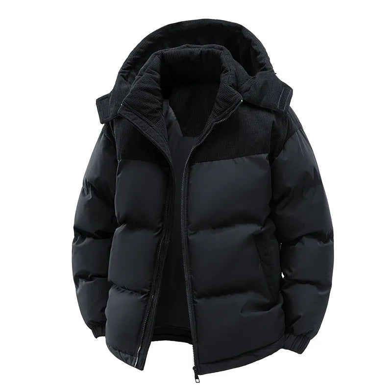 Herren-Polyester-Steppjacke – Kapuze aus Cord und Reißverschluss