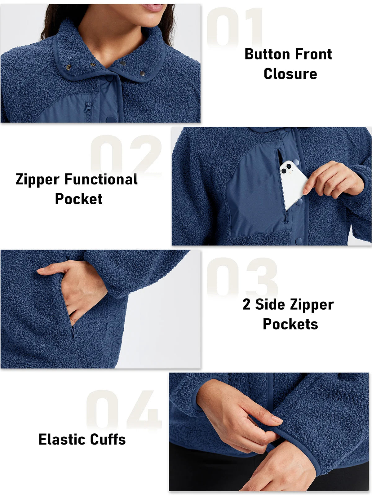Women's Sherpa Fleece Jacket - Fold-Down Collar and Buttoned Side Pockets