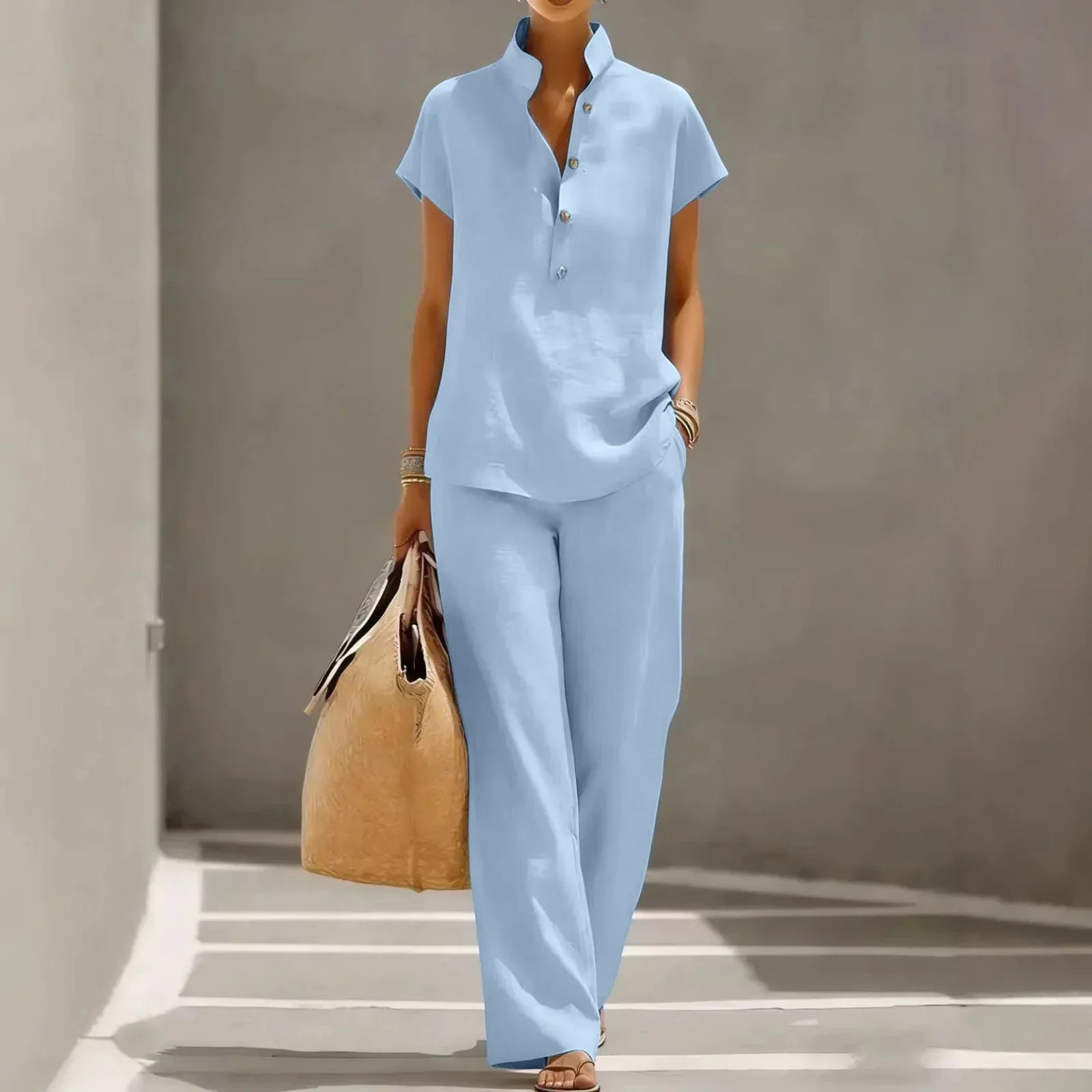 Ensemble deux pièces pour femme - mélange de lin - pantalon fluide voyage