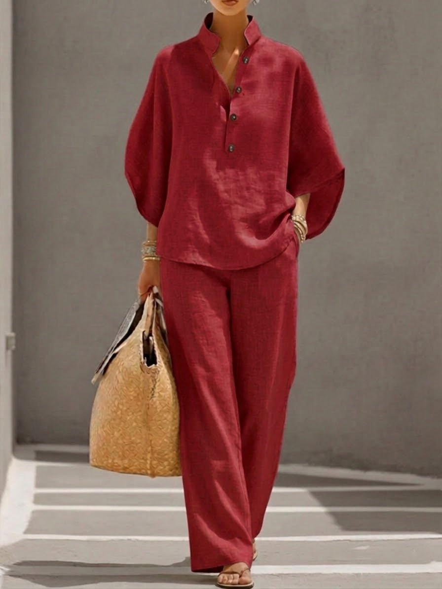 Tailleur femme haut ample manches chauve-souris pantalon droit