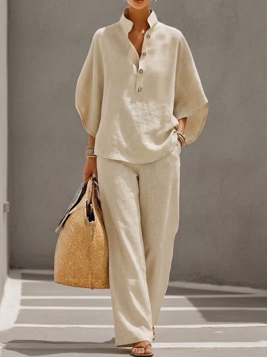 Tailleur femme haut ample manches chauve-souris pantalon droit