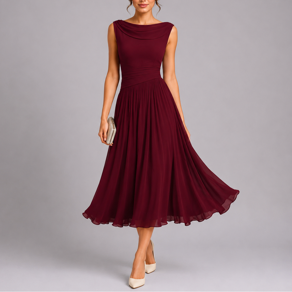 Robe Midi Plissée à Col Drapé
