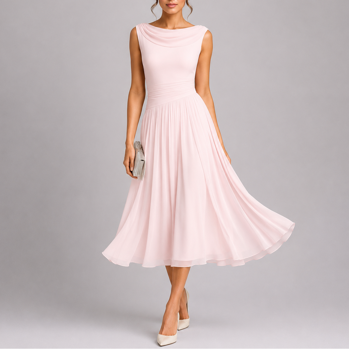 Robe Midi Plissée à Col Drapé